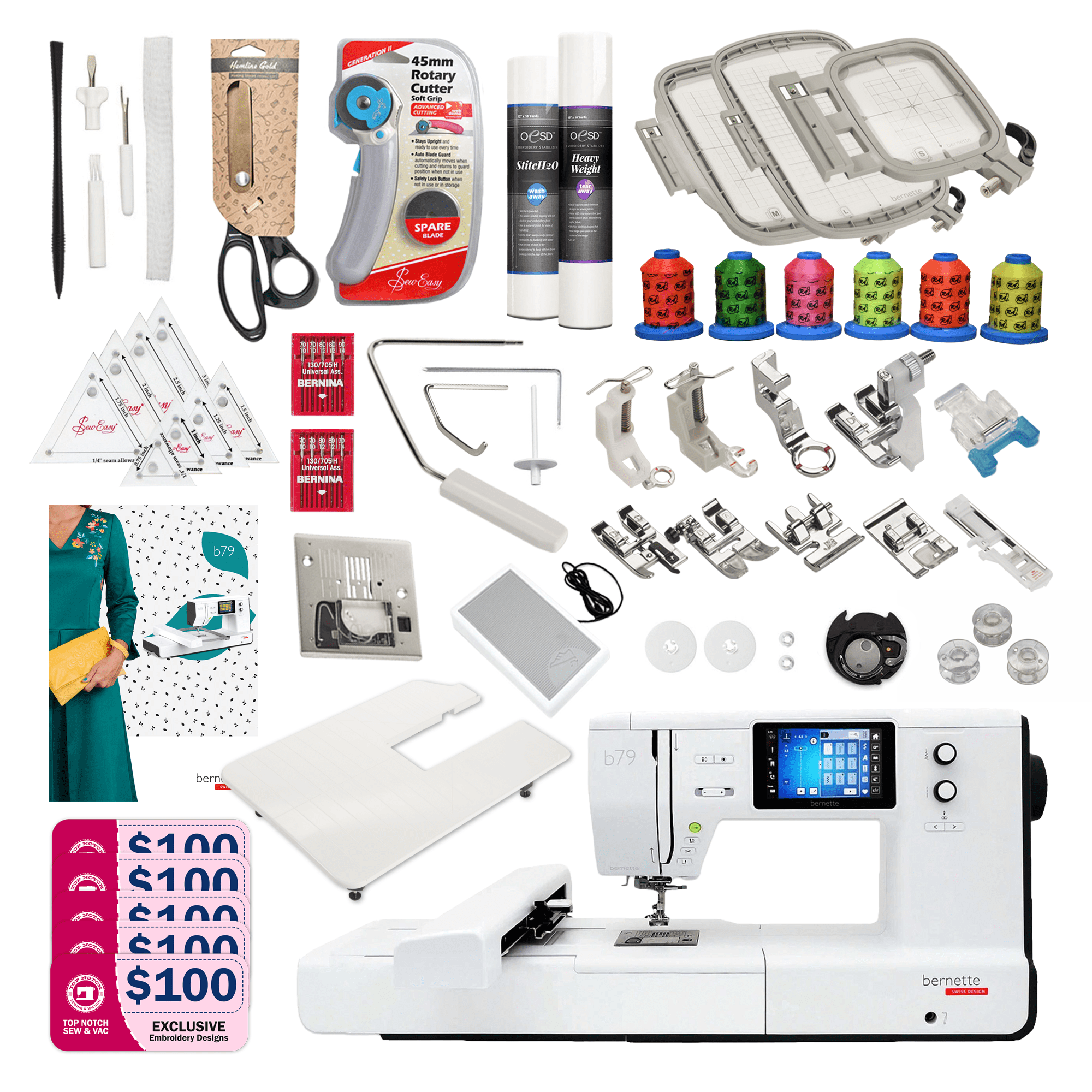 Bernette B79 Yaya Han Edition Sewing and Embroidery Machine with Over Design Tools & Accessories Bundle - for Digital Embroidering Machine