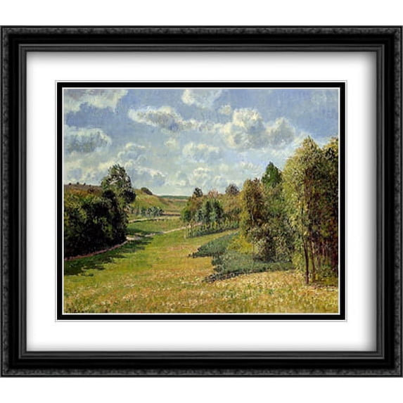 Berneval Meadows, Morning 2x Matted 32x28 Large Black Ornate Framed Art Print by Pissarro, Camille