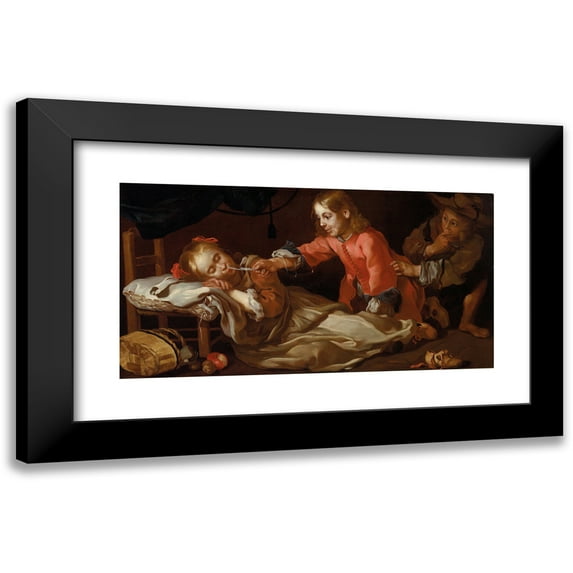 Bernhard Keil 14x9 Black Modern Framed Museum Art Print Titled - Sleeping Girl with Two Children Playing