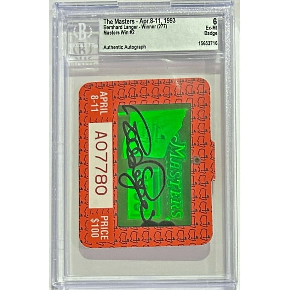 Bernhard Langer Autographed Signed 1993 The Masters Badge Beckett Ex-Mt 6