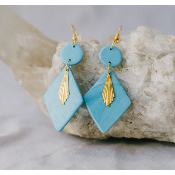 Bernice Jewelry Co 1 Pair Women's Handmade Light Blue with Gold Charm Polymer Clay Dangle Hypoallergenic