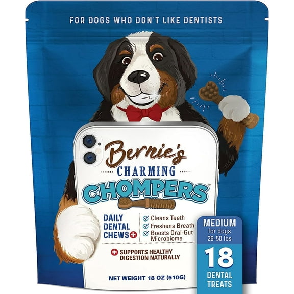Bernie's Charming Chompers - Daily Dental Chews for Dogs 26-50 Lbs. - 18 Count - Cleans Teeth, Freshens Breath, + Boosts Oral-Gut Microbiome. Easy to Digest, Supports Healthy Digestion Naturally