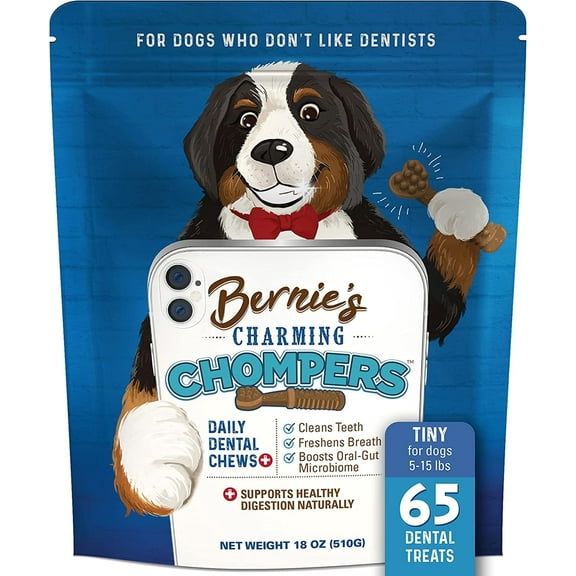 Bernie's Charming Chompers - Daily Dental Chews for Dogs 5-15 Lbs. - 65 Count - Cleans Teeth, Freshens Breath, + Boosts Oral-Gut Microbiome. Easy to Digest, Supports Healthy Digestion Naturally