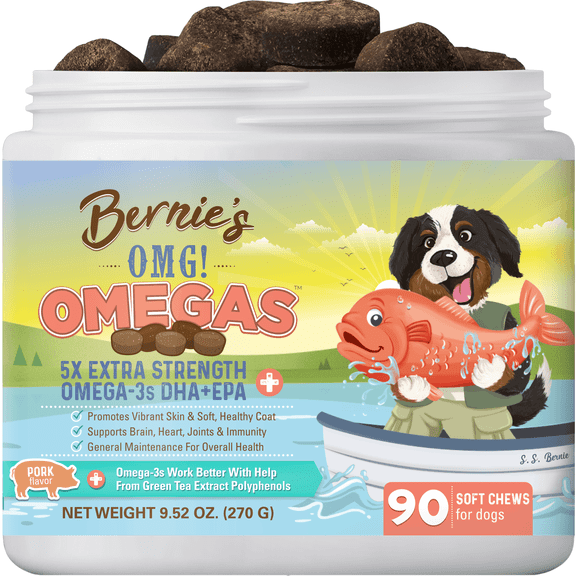 Bernie's OMG! Omegas - 5X Extra Strength Omega-3s DHA+EPA, Chews with Fish Oil for Dogs, Ultimate Skin & Coat, Works as Dog Allergy Chews, Dog Calming Chews, Joint Supplement (Pork)