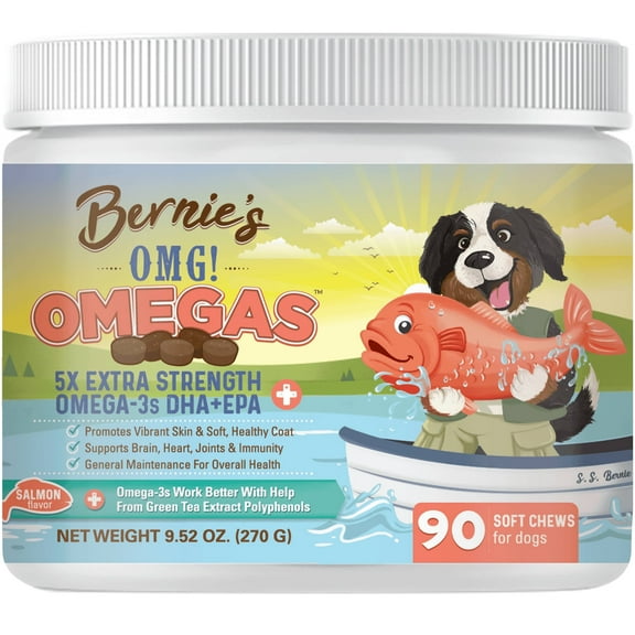 Bernie's OMG! Omegas - 5X Extra Strength Omega-3s DHA+EPA, Chews with Fish Oil for Dogs, Ultimate Skin & Coat, Works as Dog Allergy Chews, Dog Calming Chews, Joint Supplement (Salmon)