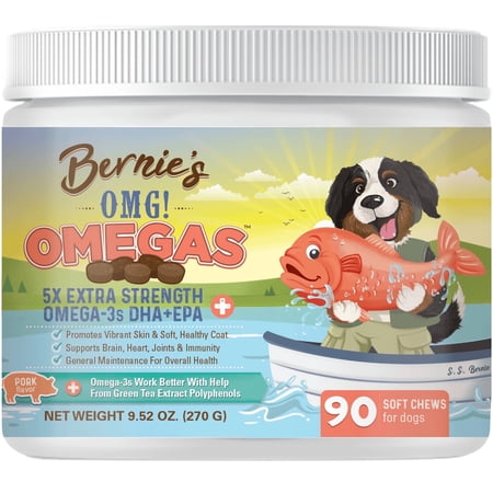 Bernie's OMG! Omegas - 5X Extra Strength Omega-3s DHA+EPA, Chews with Fish Oil for Dogs, Ultimate Skin & Coat, Works as Dog Allergy Chews, Dog Calming Chews, Joint Supplement (Pork)