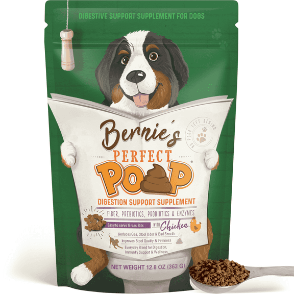Bernie’s Perfect Poop Digestive Supplement for Dogs, 12.8 oz Chicken, 4-in-1 Formula with Prebiotics, Probiotics, Fiber & Enzymes