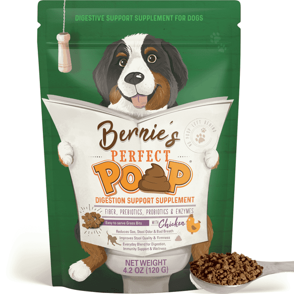 Bernie’s Perfect Poop Digestive Supplement for Dogs, 4.2 oz Chicken, 4-in-1 Formula with Prebiotics, Probiotics, Fiber & Enzymes