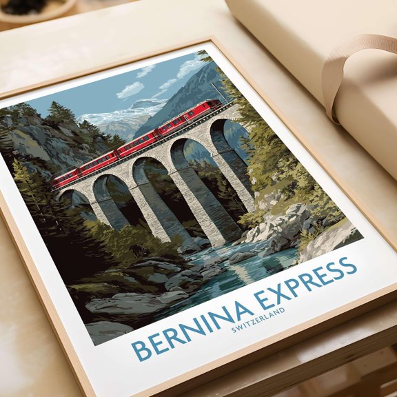 Bernina Express Art Print Landwasser Bridge Swiss Alps Scene