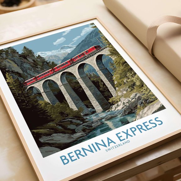 Bernina Express Art Print Landwasser Bridge Swiss Alps Scene