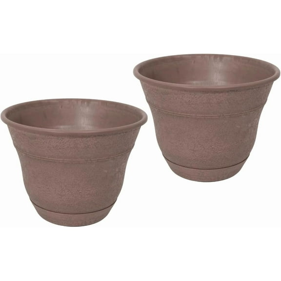 Bernini FirmaStone 15" Self-Watering Planters, Set of 2 – Durable Indoor/Outdoor Pots with Drainage Plug & Built-in Reservoir – Lightweight Garden Planters for Patio, Porch, Balcony (Light Brown)