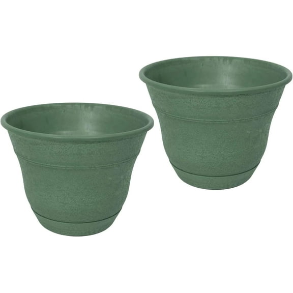 Bernini FirmaStone 15" Self-Watering Planters, Set of 2 – Durable Indoor/Outdoor Pots with Drainage Plug & Built-in Reservoir – Lightweight Garden Planters for Patio, Porch, Balcony (Green)