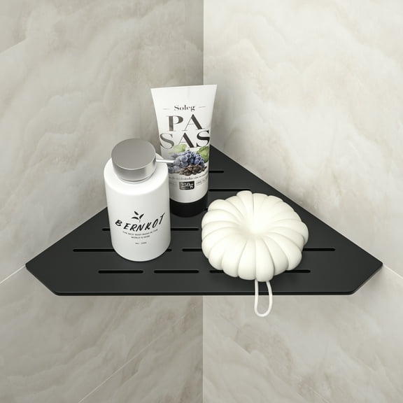 Bernkot Corner Shower Shelf 10" Matte Black 304 Stainless Steel Pentagonal Grouted Shelf Floating Corner Sheves Slot Design Recessed Bathroom Shelf for Tiled Wall