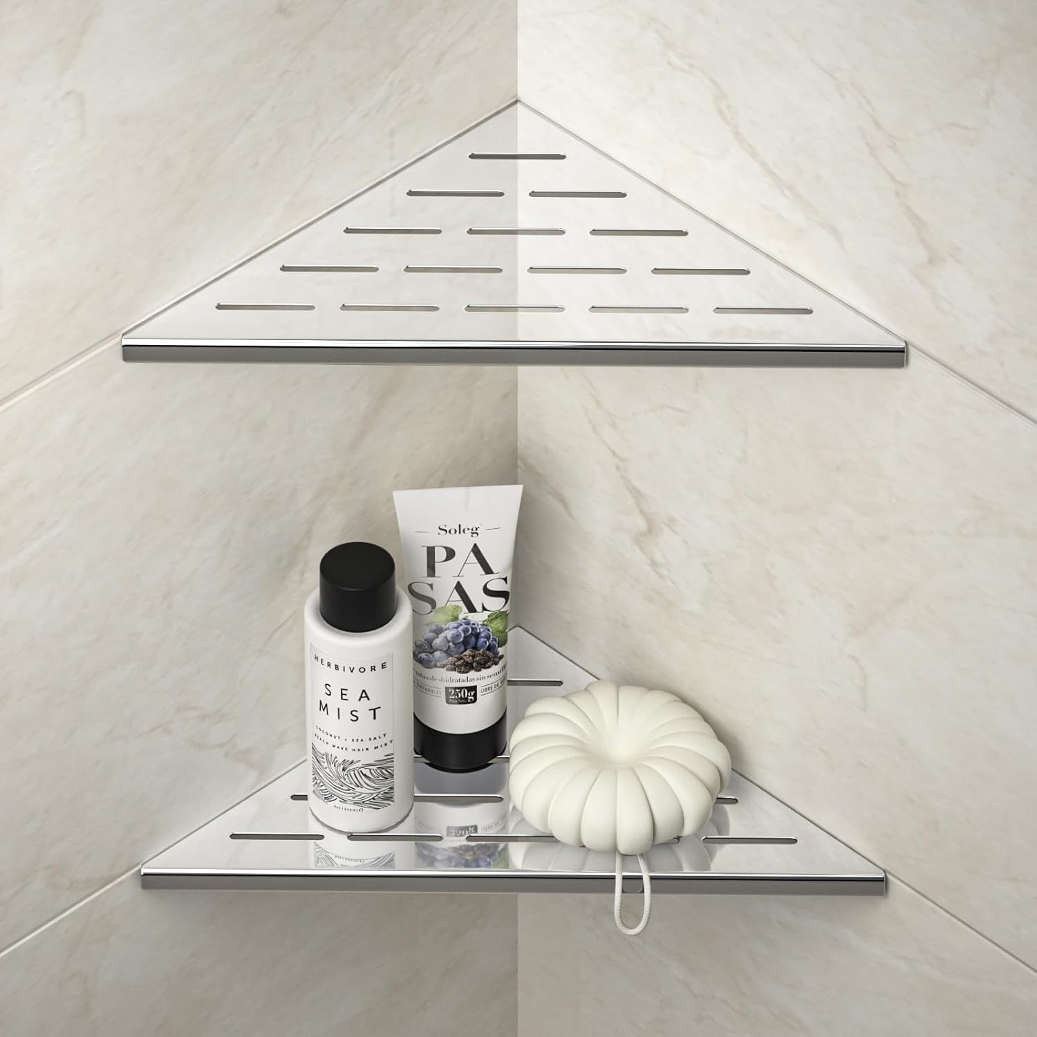 Bernkot Corner Shower Shelves 10" Polished 304 Stainless Steel Recessed Corner Shelf with Slot Design, Grout in Bathroom Shelves for Tile Walls, 2 Pack