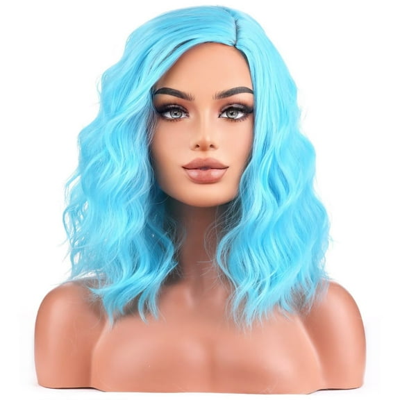 Beron Blue Short Side Part Curly Wave Wig for Women Girls Sky Blue Shoulder Length Heat Resistant Synthetic Hair Wig Cosplay Costume and Daily Weared