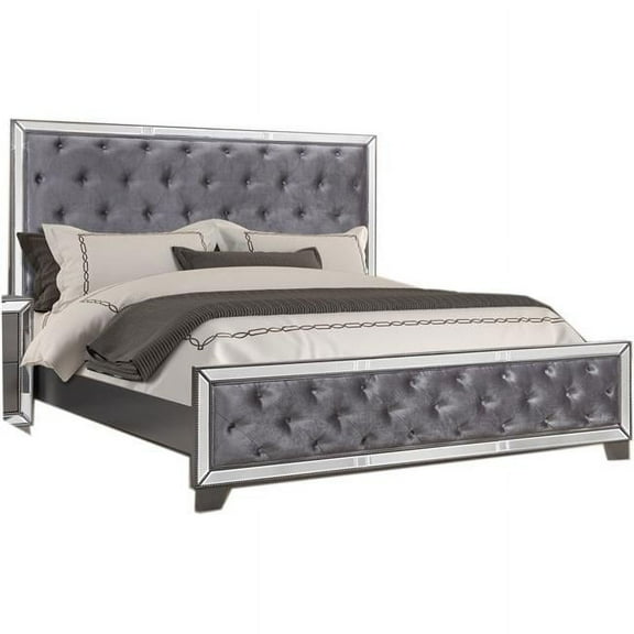 Beronica Tufted Dark Grey Mirrored Eastern King Size Bed, Sedona Silver