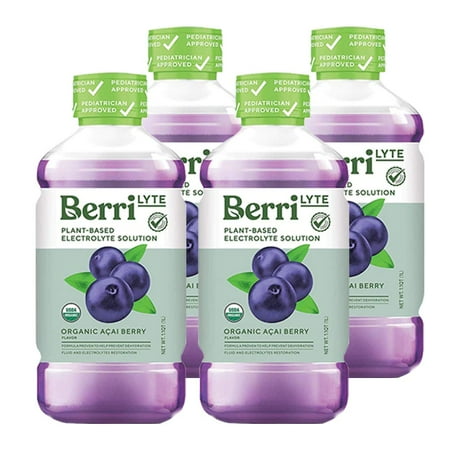 Berri Lyte Acai Organic Pediatric Electrolyte Drink, Natural, Plant-Based, 4 Pack, 1 Liter Bottle