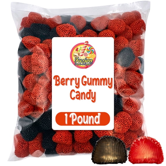Berries Gummy Candy - 1 Pound Bulk Bag, Crunchy Red And Black Candy - Raspberry And Blackberry Berry Gummies Perfect for Dessert Decorations and Buffets, Gummy Candy Clusters