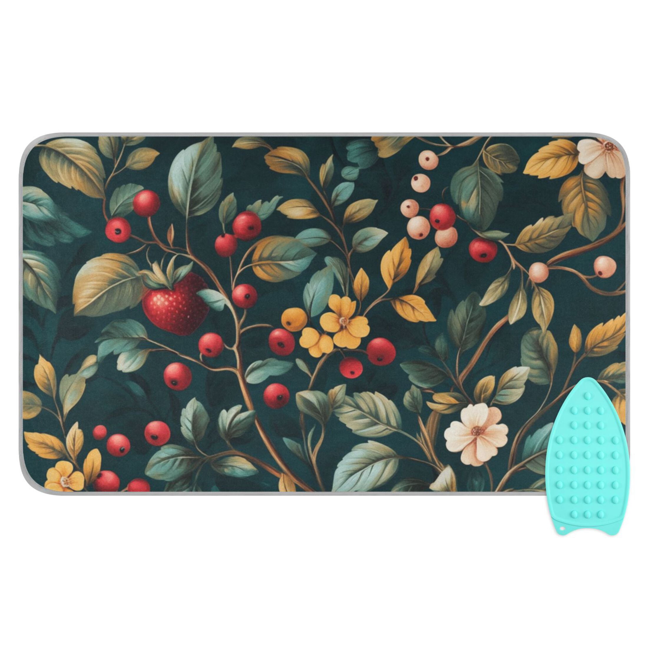 Berries and Flowers on Dark Ironing Mat Blanket for Table Top Travel Portable Ironing Board Pad 47.2x27.6 Inch