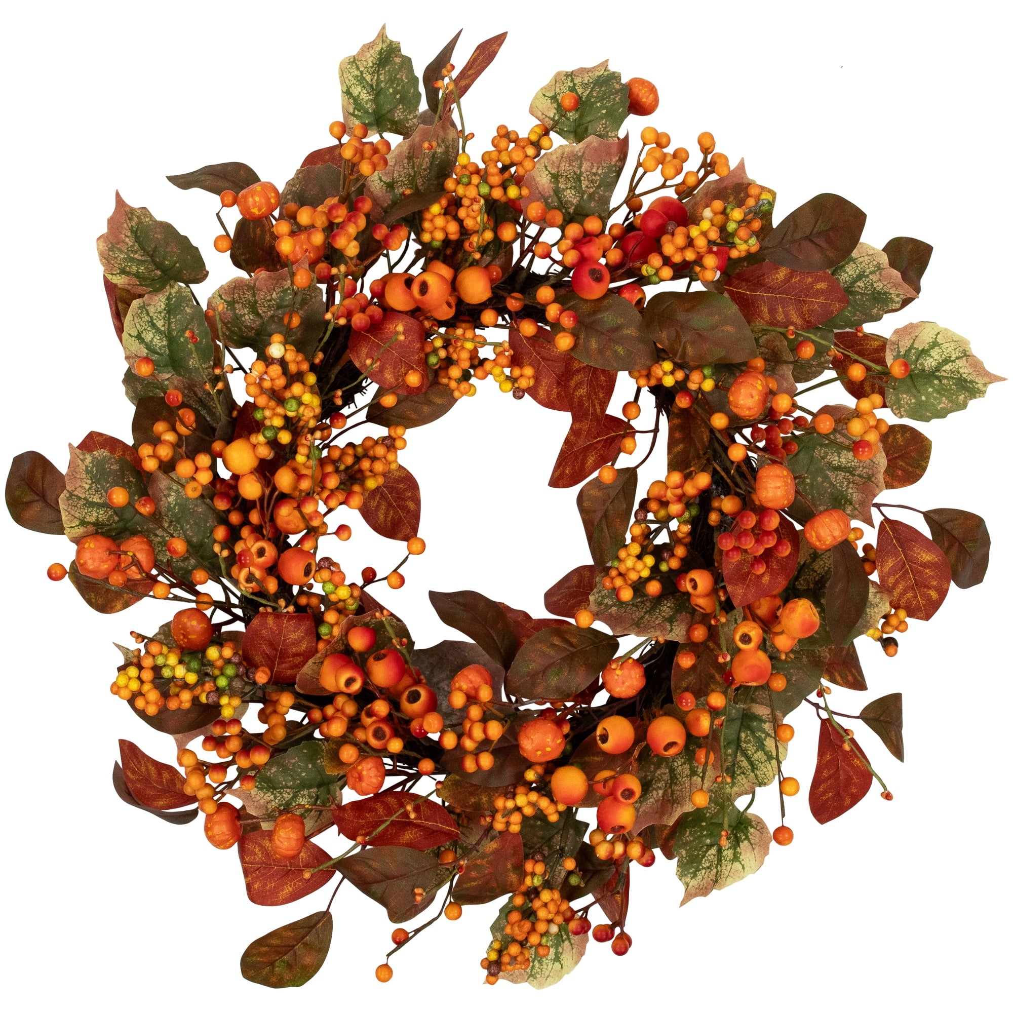 24" Orange and Green Artificial Fall Harvest Wreath with Grapevine Backing