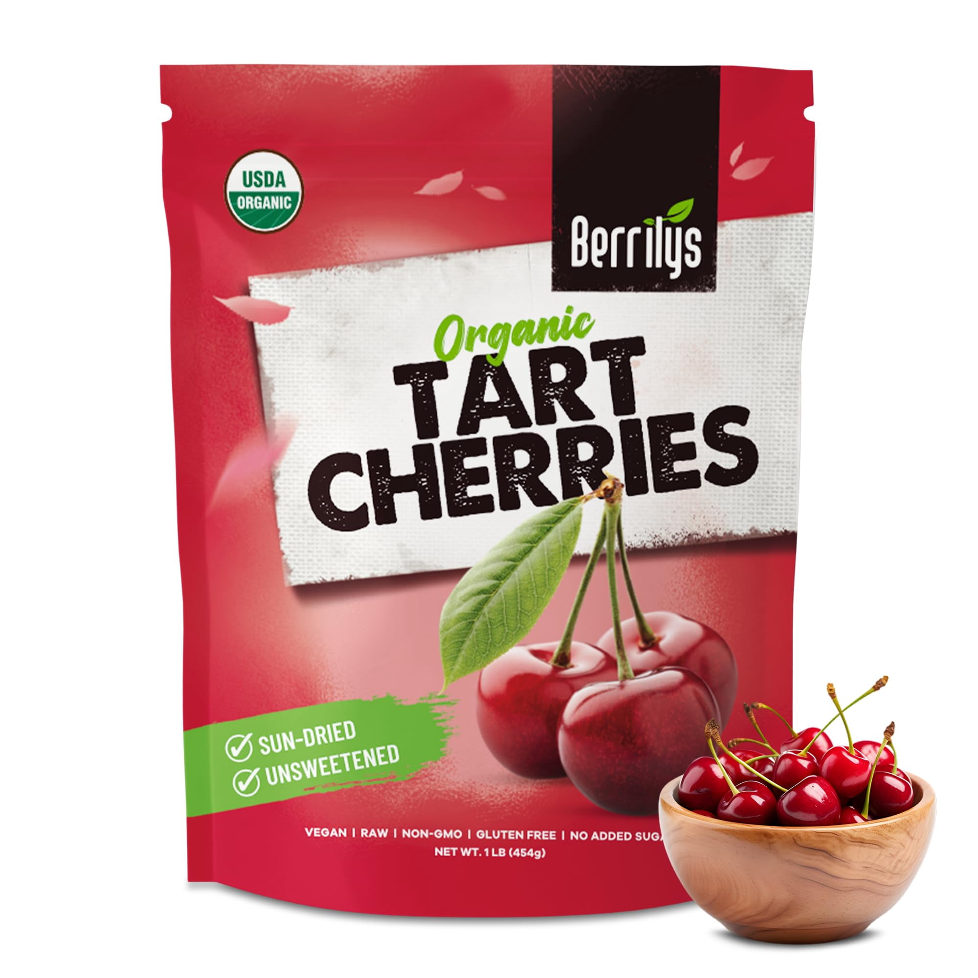 Berrilys Organic Dried Tart Cherries, 1 lb, Pitted, NonGMO, Kosher