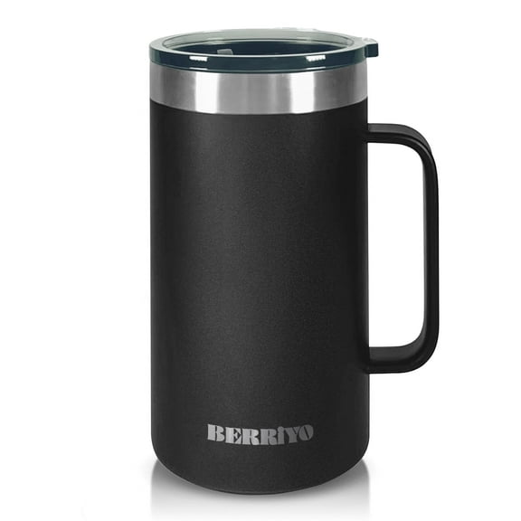 Berriyo 22oz Stainless Steel Coffee Mug with Handle,Double Wall Vacuum Insulated,Tritan Sliding Lid(Black)