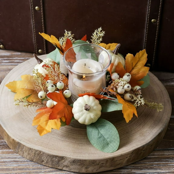 Berry Accent Candle Ring - Plastic Fall Table Centerpiece Thanksgiving Decor Pumpkin Maple Leaf Wreath Scented Candle Holder Seasonal Gift(A)