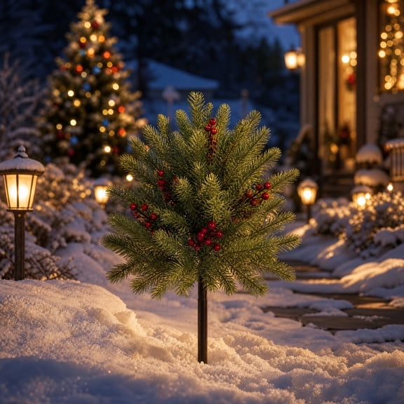 Berry Accent Mini Christmas Tree Stake, Artificial Pine Foliage, Red Berry Embellishment, GroundInsert Pole, WeatherResistant Synthetic Material, For Yard Lawn Outdoor Holiday Display