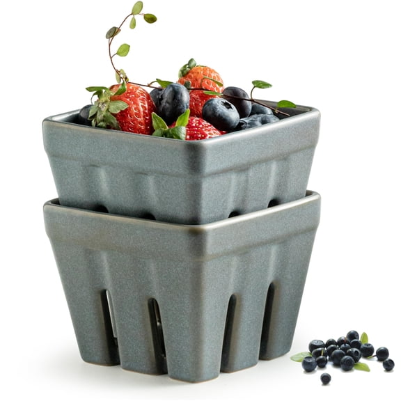 Berry Basket Set Of 2 Square Fruit With Holes Ceramic Storage Containers For Kitchen Fridge Cute Strawberry Berries Grape Cherry Slate Blue