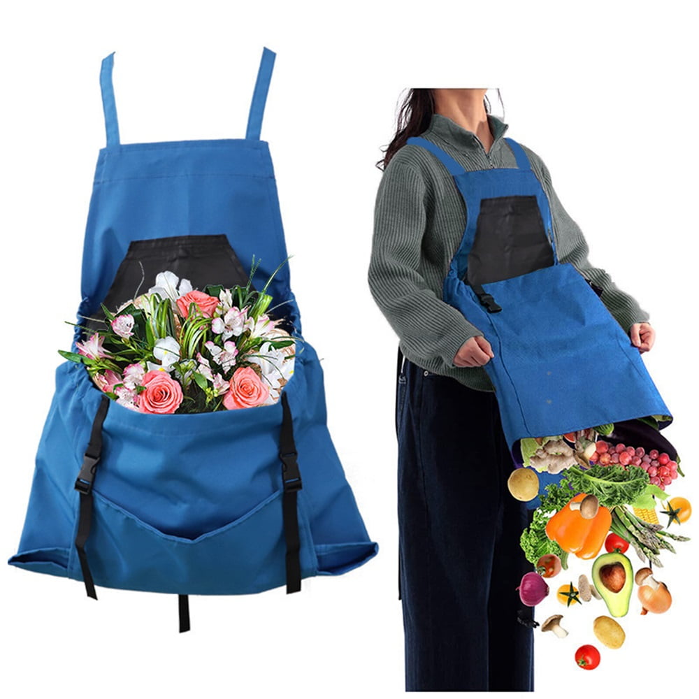 Berry&Bird Harvest Apron, Canvas Gardening Apron with Pockets and Harvesting Pouch Waterproof Harvesting Apron（blue）