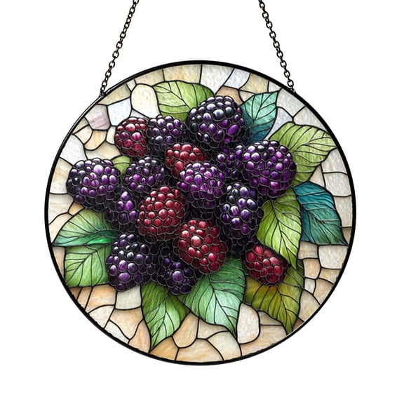 Berry Branch Stained Glass Window Hanging Suncatcher, Decorative Botanical Art Panel Ornament for Rustic Home Decor