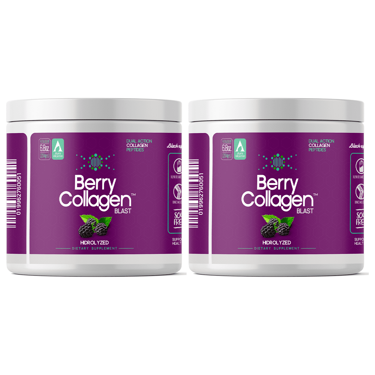 Berry Collagen Blast Powder Hydrolyzed (2) |Premium Blend Grass-fed - Soy Free | Dual Action Collagen Peptides | Support Bones and Joints | Blueberry & Blackberry | IGEN GMO - 204 Grams