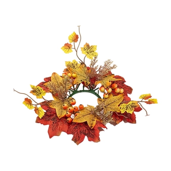 Berry Fall Candle Ring for Pillars, Maple Leaf Candle Rings Wreath, 11.8 Inch Pumpkin Wreath for Halloween Autumn Harvest Tabletop Home Decor (C)