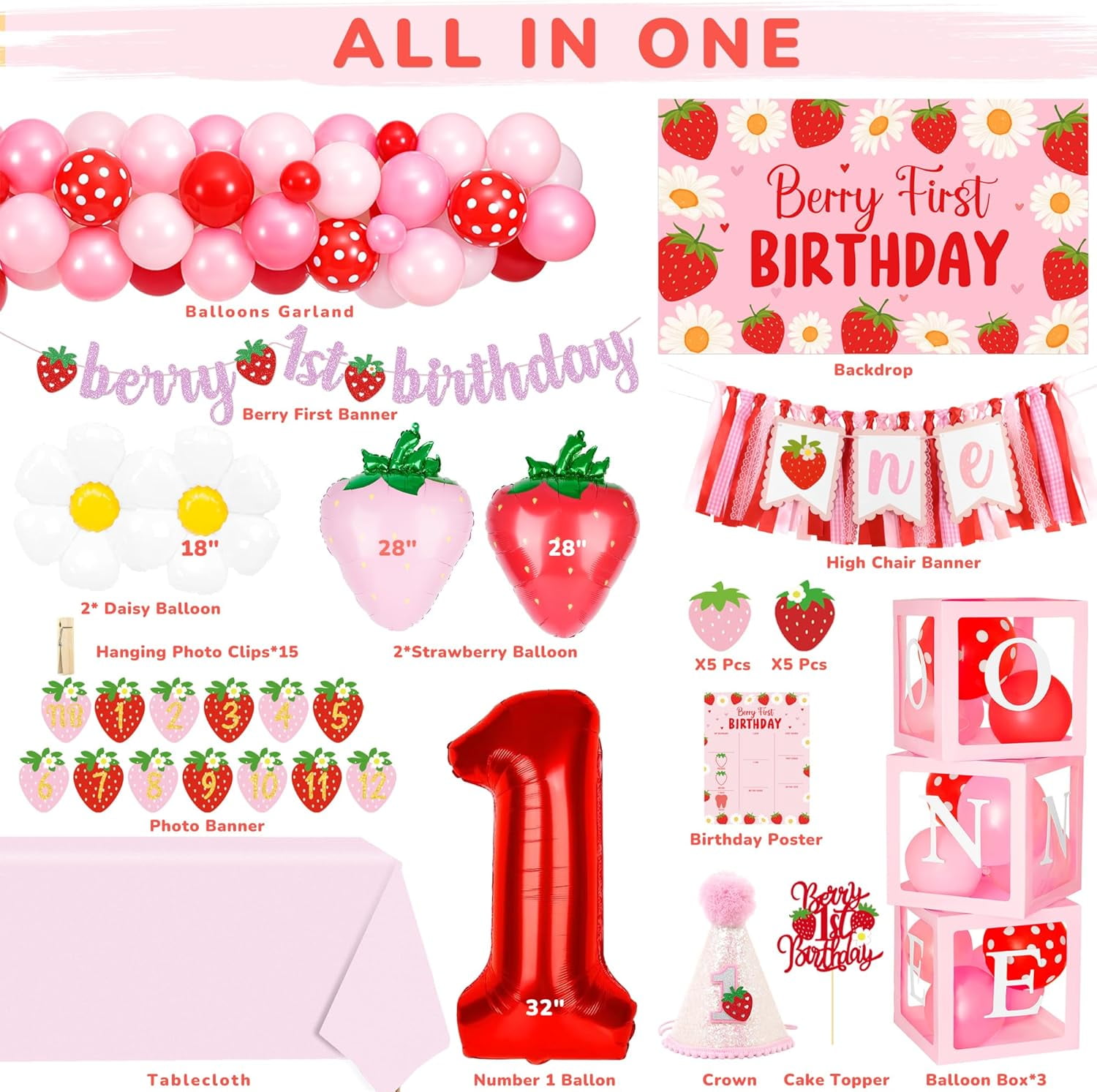 Berry First Birthday Decor Set Strawberry Theme for Girls 1st Birthday Balloon Arch Backdrop