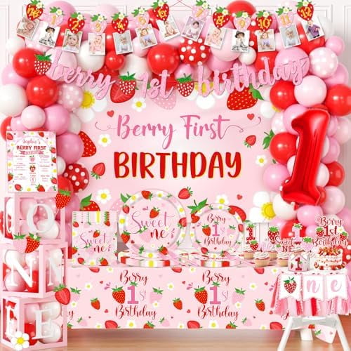 Berry First Birthday Decor Strawberry 1st Birthday Decorations Girls With Strawberry Decor Plates Napkins Balloons Strawberry Party Backdrop Banner Cake Toppers for Girl 1st birthday Decorations$$