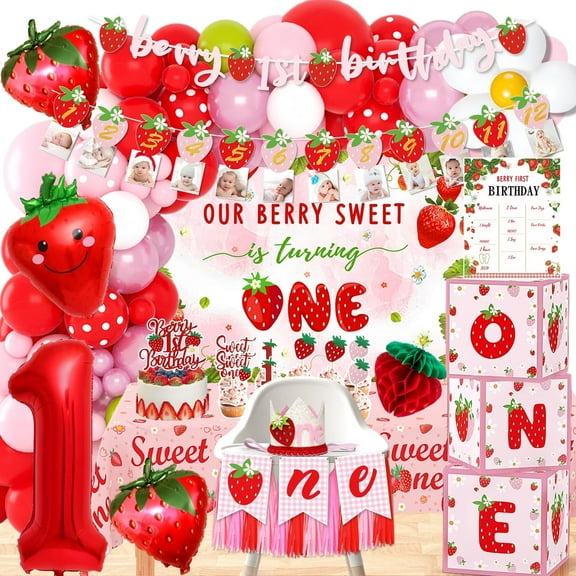 Berry First Birthday Decor, Strawberry 1st Birthday Decorations for Girls, Sweet One Birthday Party Decorations Kit Cake Topper High Chair Banner Backdrop Party Decor