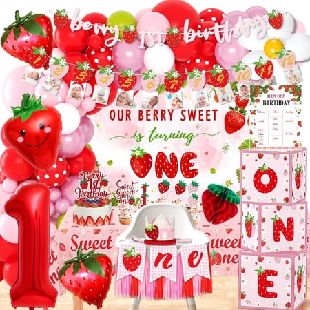 Berry First Birthday Decor, Strawberry 1st Birthday Decorations for Girls, Sweet One Decorations Kit Cake Topper High Chair Banner Backdrop