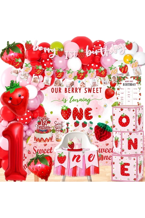 Berry First Birthday Decor, Strawberry 1st Birthday Decorations for Girls, Sweet One Decorations Kit Cake Topper High Chair Banner Backdrop
