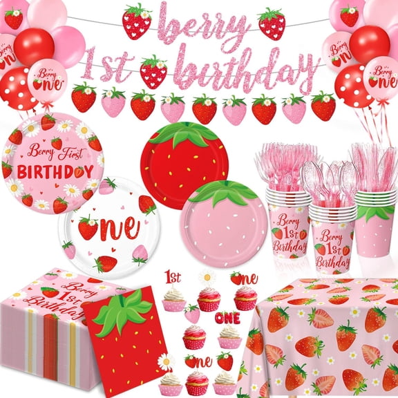 Berry First Birthday Decor Strawberry 1st Birthday Decorations for Plates, Napkins, Cups, Cutlery, Cupcake Toppers, Banner, Tablecloth, Balloons for Girls Strawberry Party Decorations, Serve 20