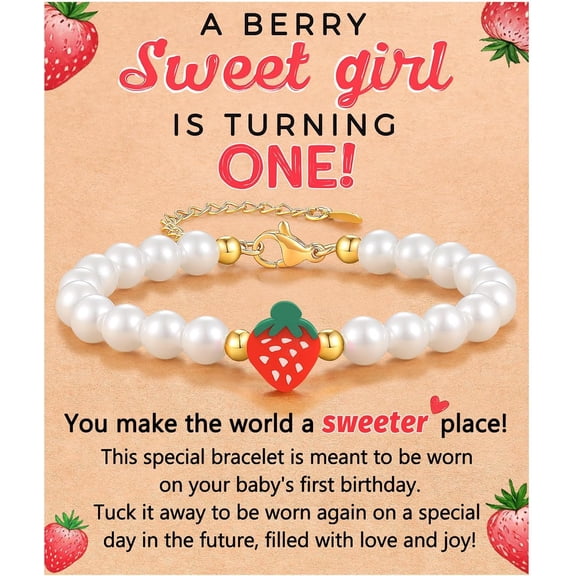 Berry First Birthday Decor Sweet One Birthday Gifts, Adjustable Strawberry Pearls Bracelet for Her