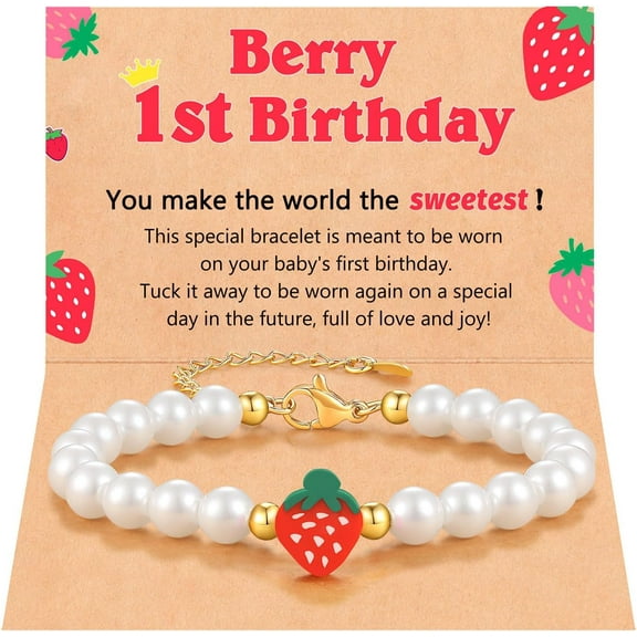Berry First Birthday Gifts, Adjustable Strawberry Pearls Bracelet for Daughter Niece Granddaughter