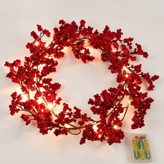 Berry Garland,Christmas Garland with String Lights,Christmas Berry String Garland with Lights Thanksgiving Artificial Lighted Garland for Home Xmas Winter Tree Decor Office(Red 6FT)