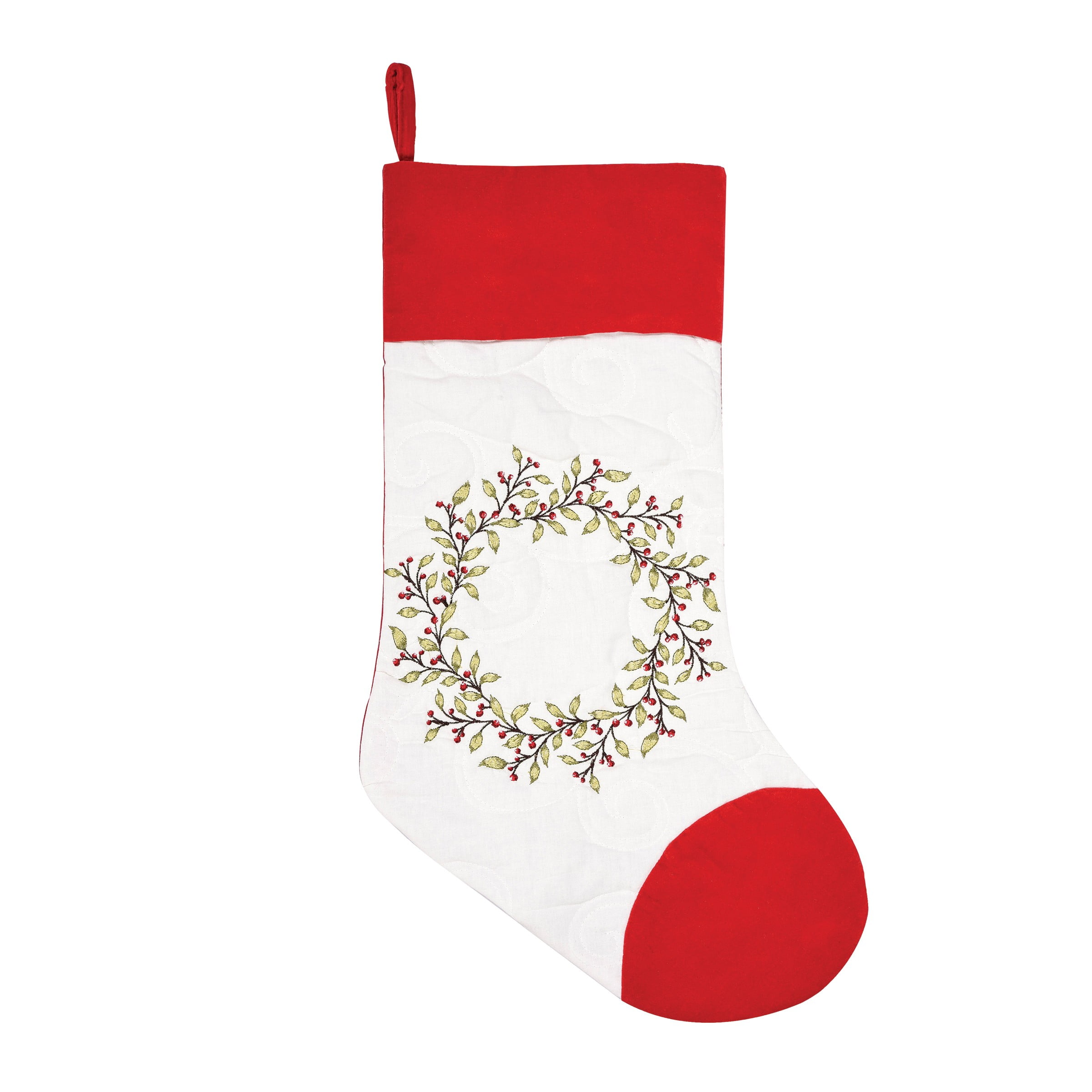 20" Red and White Embroidered Christmas Stocking with Berry Garland