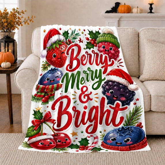 Berry Merry Bright Festive Fruit Scene Cheerful Holiday, Festive Holiday Scene, Warm Flannel Blanket for Living Room and Family Room, Art Lovers Christmas Gift, Festive Home Decor
