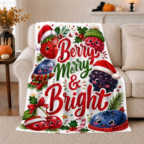 Berry Merry Bright Festive Fruit Scene Cheerful Holiday, Festive Holiday Scene, Warm Flannel Blanket for Living Room and Family Room, Art Lovers Christmas Gift, Festive Home Decor