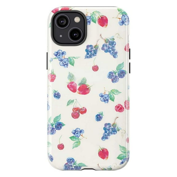 Berry Pattern Phone Case, Watercolor Fruit Design with Cherries & Blueberries iPhone Cover, Fresh Summer Vibes for iPhone 16 15 14 13 12 11 Pro Plus Max Mini