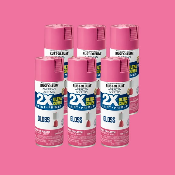 6 Pack, Berry Pink Rust-Oleum American Accents 2X Ultra Cover Gloss Spray Paint-327876, 12 oz