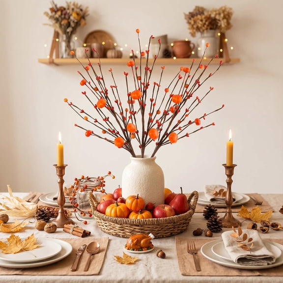 Berry Pumpkin Branches,Halloween Thanksgiving Artificial Stems for Vase,Table,Mantel,Window,Fall Home Decor,17.7 in