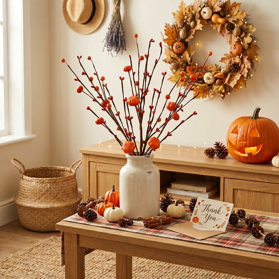 Berry Pumpkin Branches for Halloween & Thanksgiving Decor - Realistic Artificial Berry Stems for Autumn Centerpieces, Wreaths, and Versatile Fall Decor Arrangements for Home Gatherings