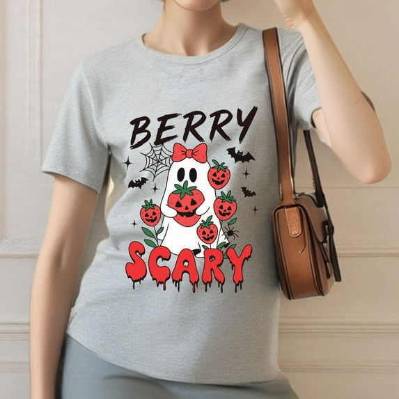 Berry Scary T-Shirt Graphic Tee Halloween Top Adorable Ghost Strawberry Pumpkin Casual Gray S-3XL